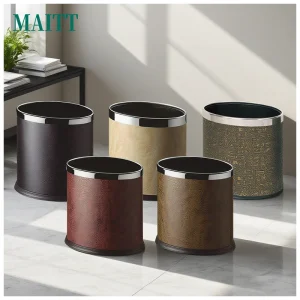 Leather Garbage Can for Household and Hotel Bathroom Rooms Oval Shape Double-layered Suitable for Use in Rooms Without Covers