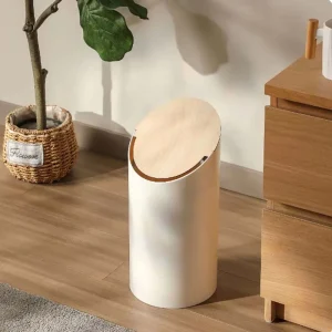 High-End Cream Plastic Trash Can with Lid Wood Grain Minimalist Round Log Style for Home Living Room Bathroom Stand Structure