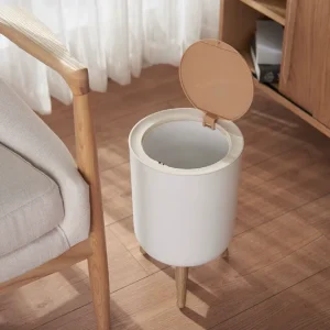 Wholesale Modern Standing Waste Bins Plastic Office Manual Open Kitchen Bathroom Trash Can Wooden Lid Pressing Type for Home Use